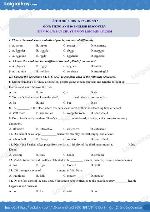 Đề thi giữa kì 2 Tiếng Anh 10 English Discovery - Đề số 5